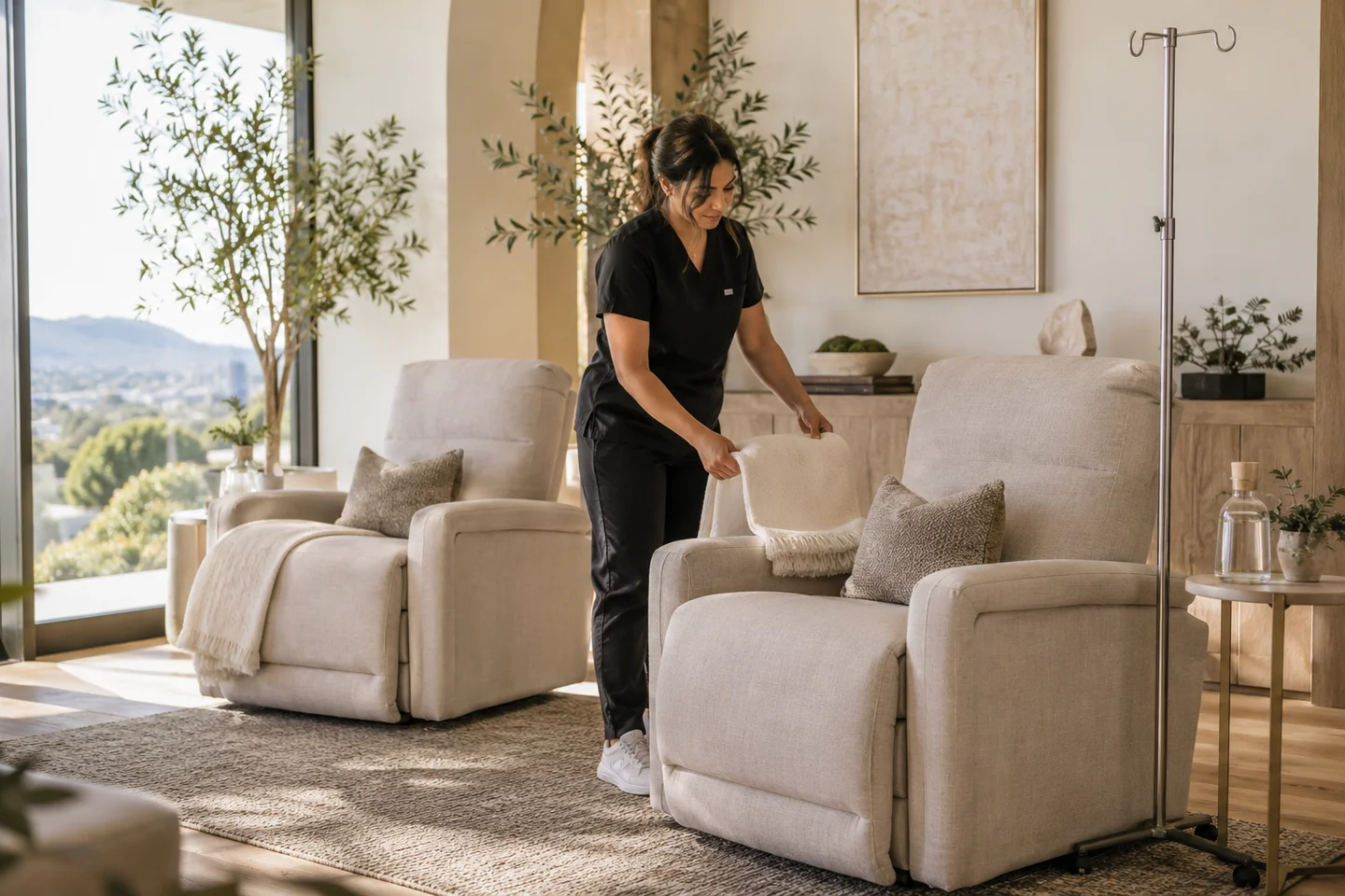 A nurse preparing a comfortable IV lounge