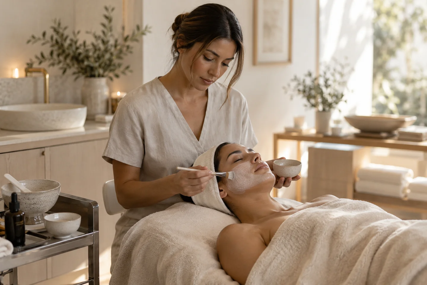 Illustrative skincare studio treatment scene