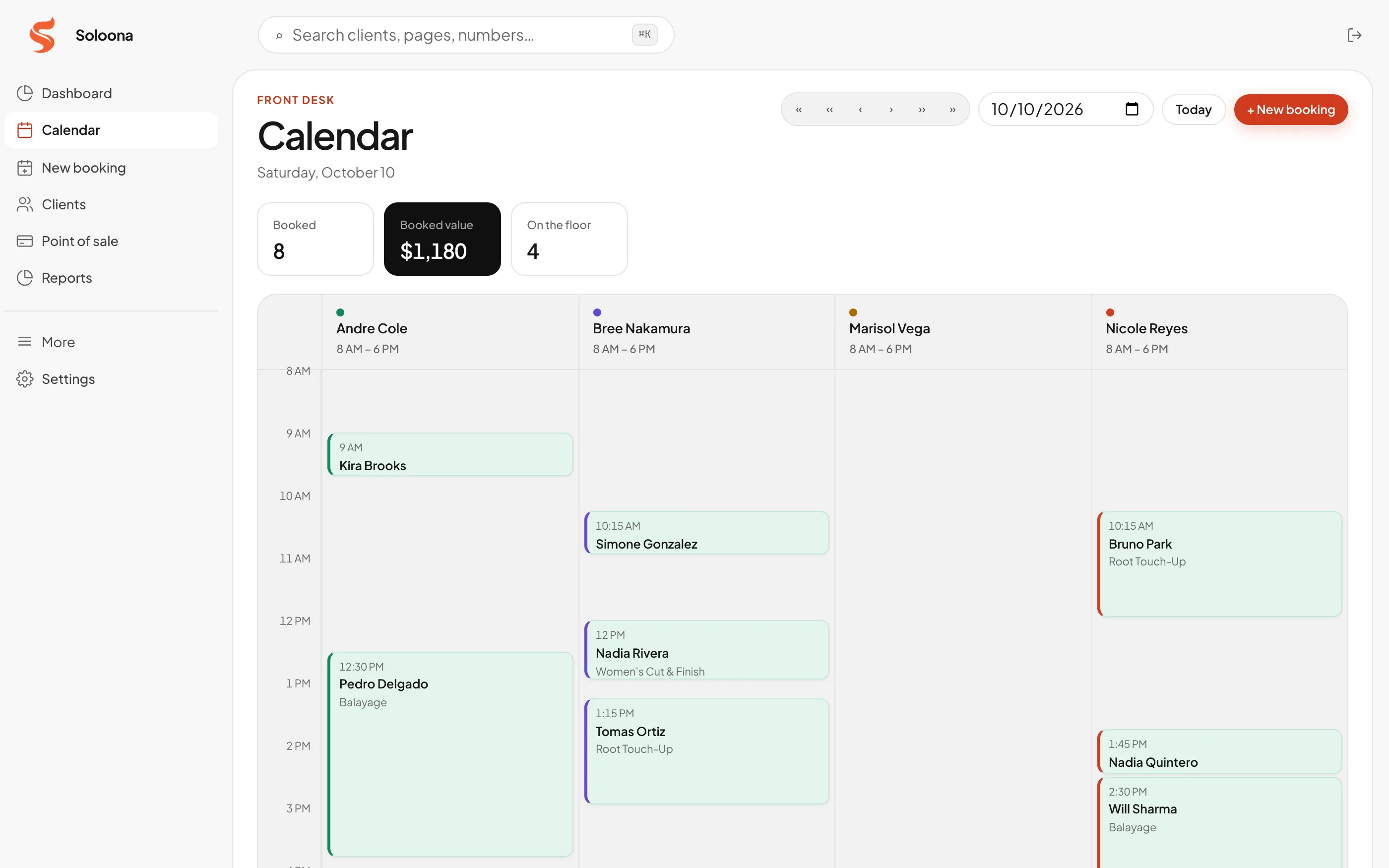 Soloona calendar showing appointments across staff columns