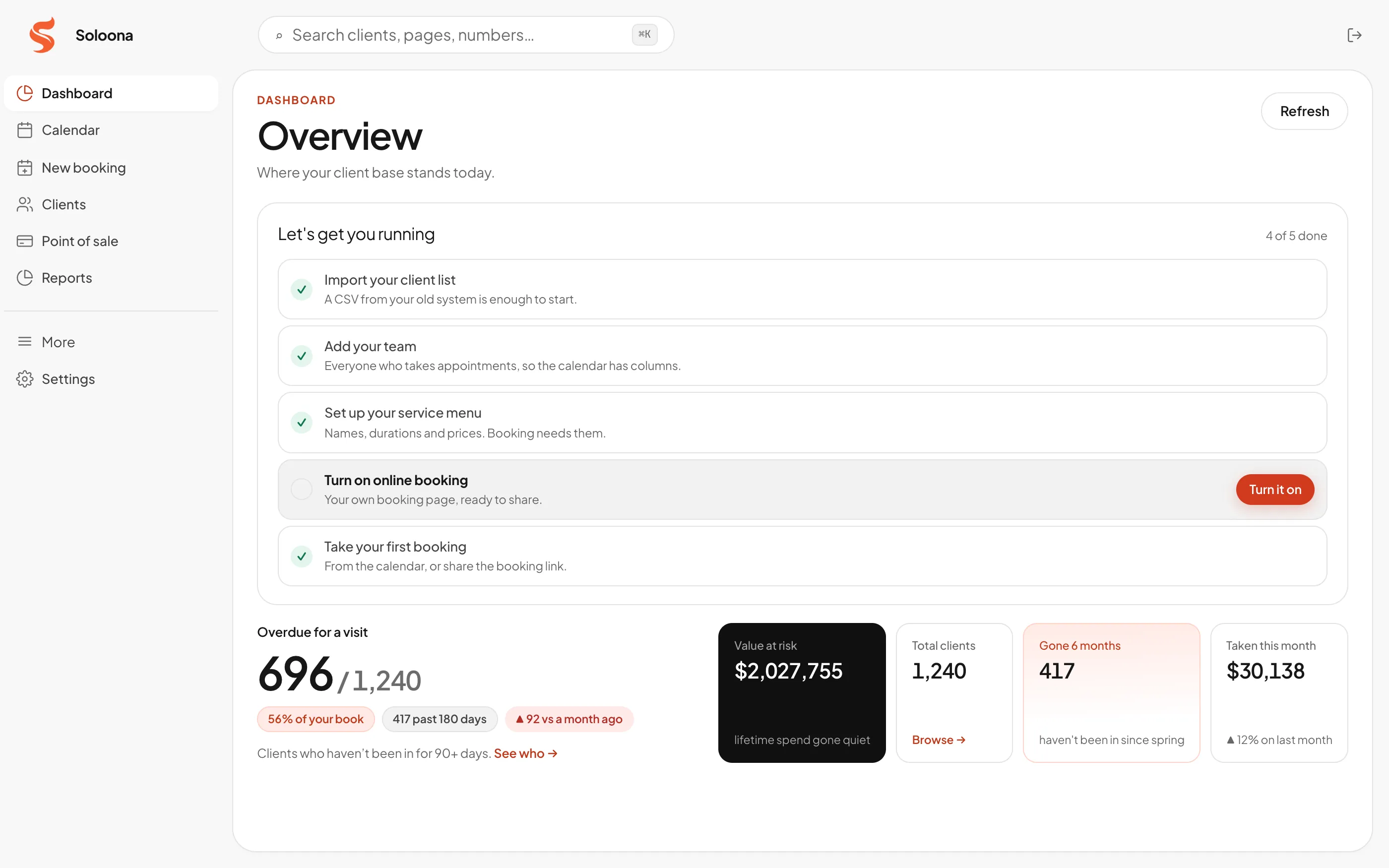 Soloona dashboard with takings and overdue client insights, shown with example data