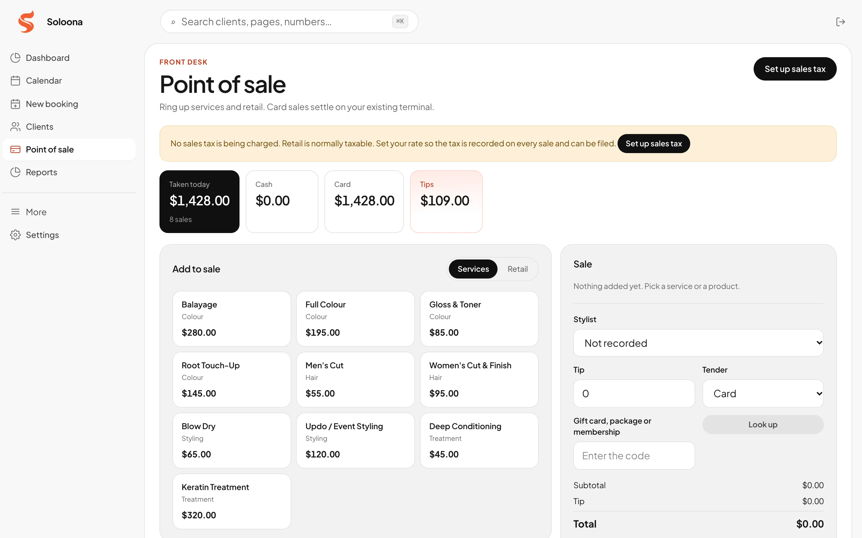 Soloona point of sale with products and a checkout ticket